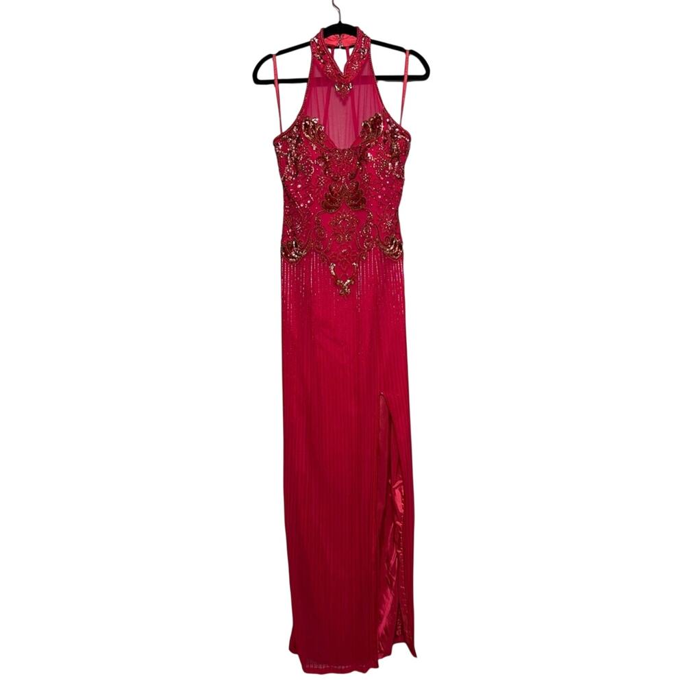 Vintage Y2K Alyce Design Silk Halter Beaded Maxi Dress Pink Fairy 90s Size 10
